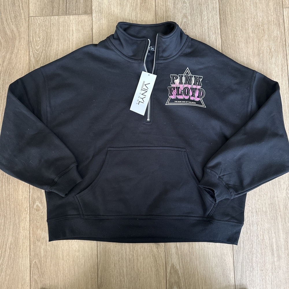 Pink Floyd Vinyl Icons Women's 1/4 Zip Crop Sweatshirt‎ Black Size Medium NEW